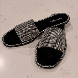 Steve Madden Jacelyn Flat Black Sparkly Sandals/Slides size 8 New